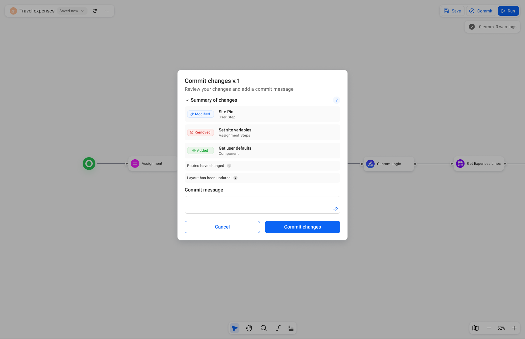 Commit changes screen