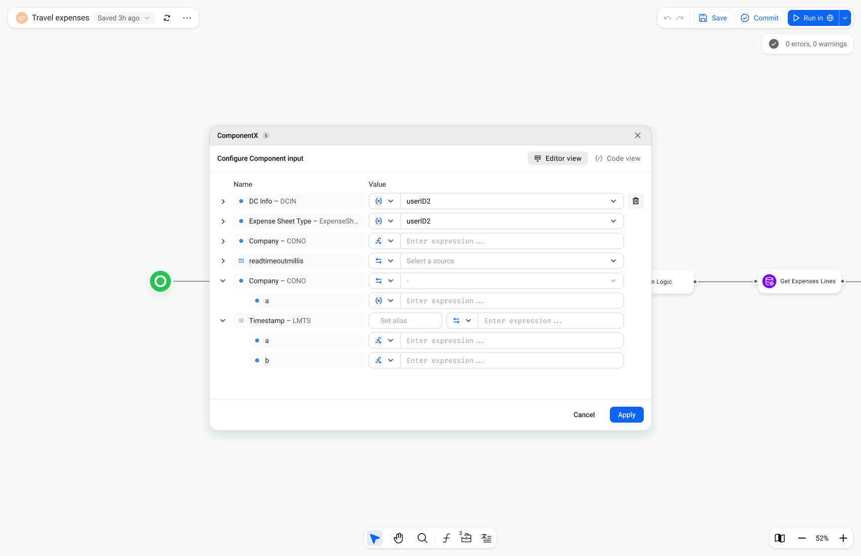 Low-code component configuration view